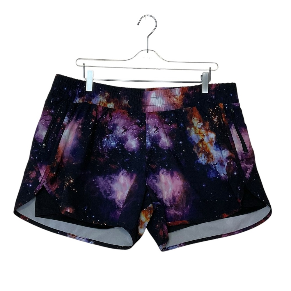 AVIA sz X Large Galaxy Gym Shorts Planets Stars Zip Pockets Stretch Purple Black